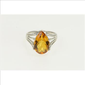 14K Pear Cut Citrine Solitaire Vintage Cocktail White Gold Ring, Size 7