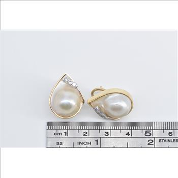 14K Pear Cut Pearl Diamond Statement French Clip Yellow Gold Earrings