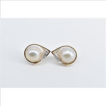 14K Pear Cut Pearl Diamond Statement French Clip Yellow Gold Earrings