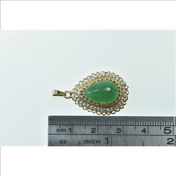 14K Pear Green Agate Seed Pearl Trim Statement Yellow Gold Pendant