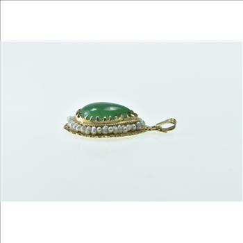 14K Pear Green Agate Seed Pearl Trim Statement Yellow Gold Pendant