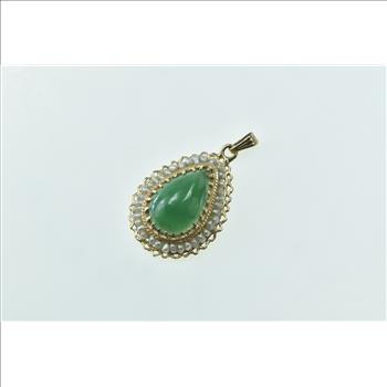 14K Pear Green Agate Seed Pearl Trim Statement Yellow Gold Pendant