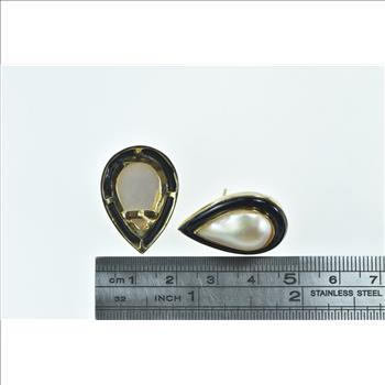 14K Pear Mother of Pearl Black Onyx Stud Yellow Gold Earrings