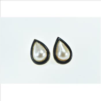 14K Pear Mother of Pearl Black Onyx Stud Yellow Gold Earrings