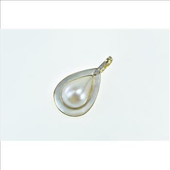 14K Pear Mother of Pearl Diamond Vintage Statement Yellow Gold Pendant
