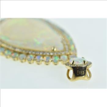 14K Pear Natural Opal Diamond Halo Drop Yellow Gold Pendant