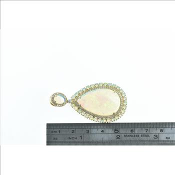 14K Pear Natural Opal Diamond Halo Drop Yellow Gold Pendant