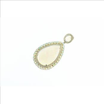 14K Pear Natural Opal Diamond Halo Drop Yellow Gold Pendant