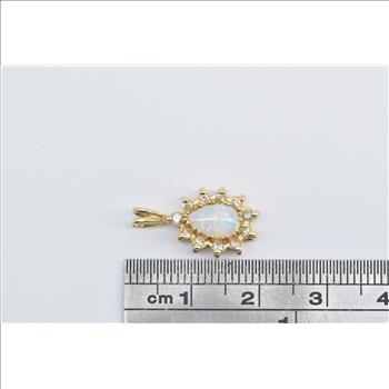 14K Pear Opal Diamond Halo Vintage Fashion Yellow Gold Pendant
