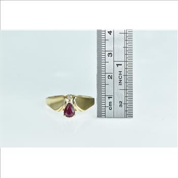 14K Pear Ruby Diamond Accent Vintage Chevron Yellow Gold Ring, Size 11.25