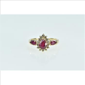 14K Pear Ruby Diamond Halo Engagement Yellow Gold Ring, Size 7