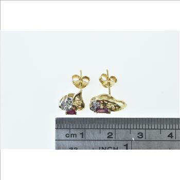 14K Pear Sapphire Diamond Accent Wavy Stud Yellow Gold Earrings