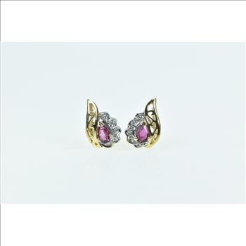 14K Pear Sapphire Diamond Accent Wavy Stud Yellow Gold Earrings