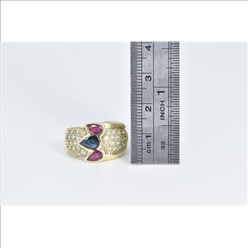 14K Pear Sapphire Ruby Pave Diamond Band Yellow Gold Ring, Size 7.75