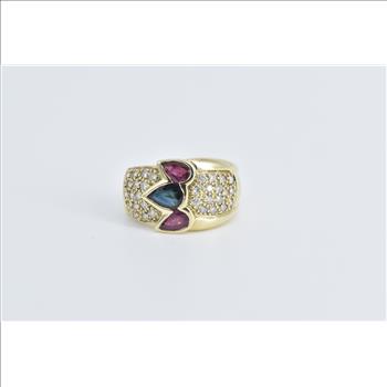 14K Pear Sapphire Ruby Pave Diamond Band Yellow Gold Ring, Size 7.75