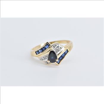 14K Pear Sapphire Vintage Diamond Bypass Yellow Gold Ring, Size 7.75
