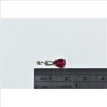 14K Pear Syn. Ruby Baguette Diamond Classic White Gold Pendant