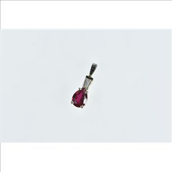 14K Pear Syn. Ruby Baguette Diamond Classic White Gold Pendant