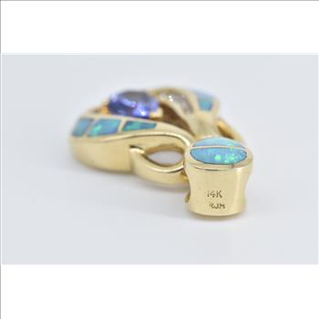 14K Pear Tanzanite Diamond Black Opal Inlay Yellow Gold Pendant