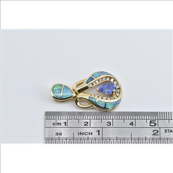 14K Pear Tanzanite Diamond Black Opal Inlay Yellow Gold Pendant