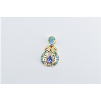 14K Pear Tanzanite Diamond Black Opal Inlay Yellow Gold Pendant