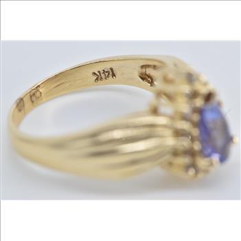 14K Pear Tanzanite Diamond Halo Statement Yellow Gold Ring, Size 7.25