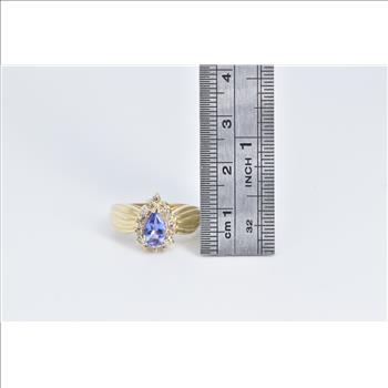 14K Pear Tanzanite Diamond Halo Statement Yellow Gold Ring, Size 7.25