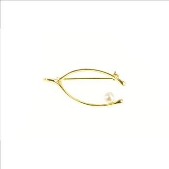 14K Pearl Accent Wish Bone Good Luck Hope Yellow Gold Pin/Brooch