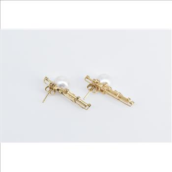 14K Pearl Diamond Halo Drop Bar Statement Yellow Gold Earrings