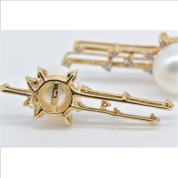 14K Pearl Diamond Halo Drop Bar Statement Yellow Gold Earrings