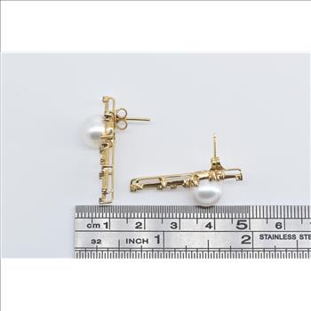 14K Pearl Diamond Halo Drop Bar Statement Yellow Gold Earrings