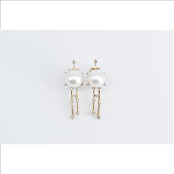 14K Pearl Diamond Halo Drop Bar Statement Yellow Gold Earrings