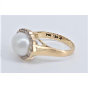 14K Pearl Diamond Halo Ornate Vintage Statement Yellow Gold Ring, Size 5.75