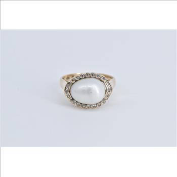 14K Pearl Diamond Halo Ornate Vintage Statement Yellow Gold Ring, Size 5.75