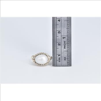 14K Pearl Diamond Halo Ornate Vintage Statement Yellow Gold Ring, Size 5.75