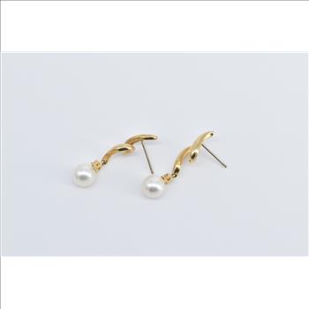 14K Pearl Diamond Swirl Dangle Drop Fashion Yellow Gold Earrings