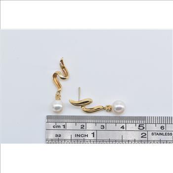 14K Pearl Diamond Swirl Dangle Drop Fashion Yellow Gold Earrings