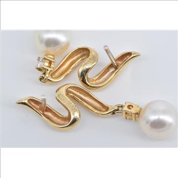 14K Pearl Diamond Swirl Dangle Drop Fashion Yellow Gold Earrings