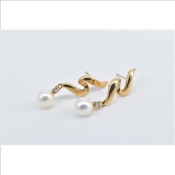 14K Pearl Diamond Swirl Dangle Drop Fashion Yellow Gold Earrings