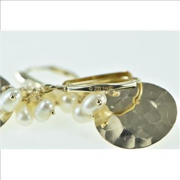 14K Pearl Fringe Tassel Hammered Circle Dangle Yellow Gold Earrings