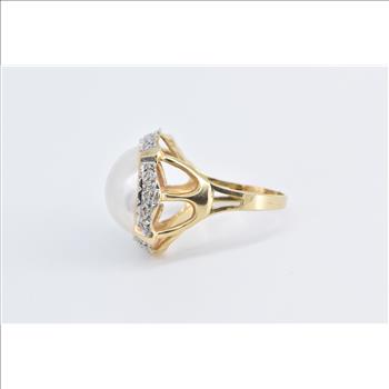 14K Pearl Natural Diamond Cluster Statement Yellow Gold Ring, Size 6.25