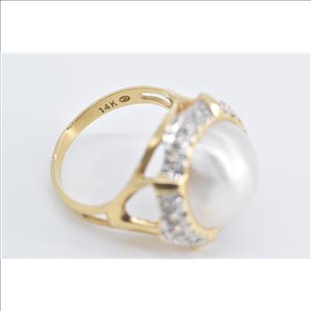 14K Pearl Natural Diamond Cluster Statement Yellow Gold Ring, Size 6.25