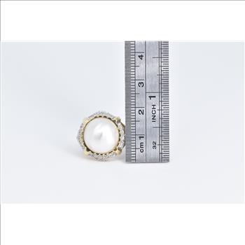 14K Pearl Natural Diamond Cluster Statement Yellow Gold Ring, Size 6.25