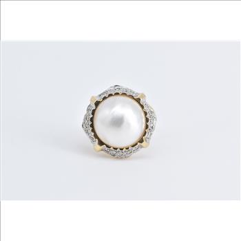 14K Pearl Natural Diamond Cluster Statement Yellow Gold Ring, Size 6.25
