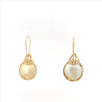 14K Pearl Ornate Paisley Dangle Hook Statement Yellow Gold Earrings