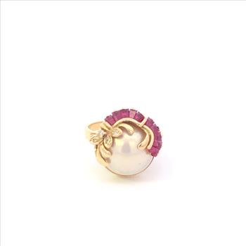 14K Pearl Ruby Diamond Cocktail Cluster Statement Yellow Gold Ring, Size 7