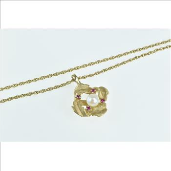 14K Pearl Ruby Ornate Leaf Vintage Rope Chain Yellow Gold Necklace 20