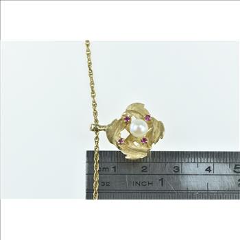 14K Pearl Ruby Ornate Leaf Vintage Rope Chain Yellow Gold Necklace 20