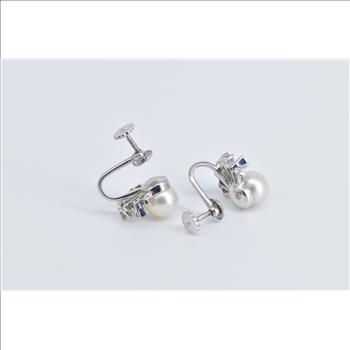 14K Pearl Sapphire Diamond Burst Screw Back White Gold Earrings