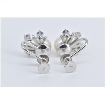 14K Pearl Sapphire Diamond Burst Screw Back White Gold Earrings